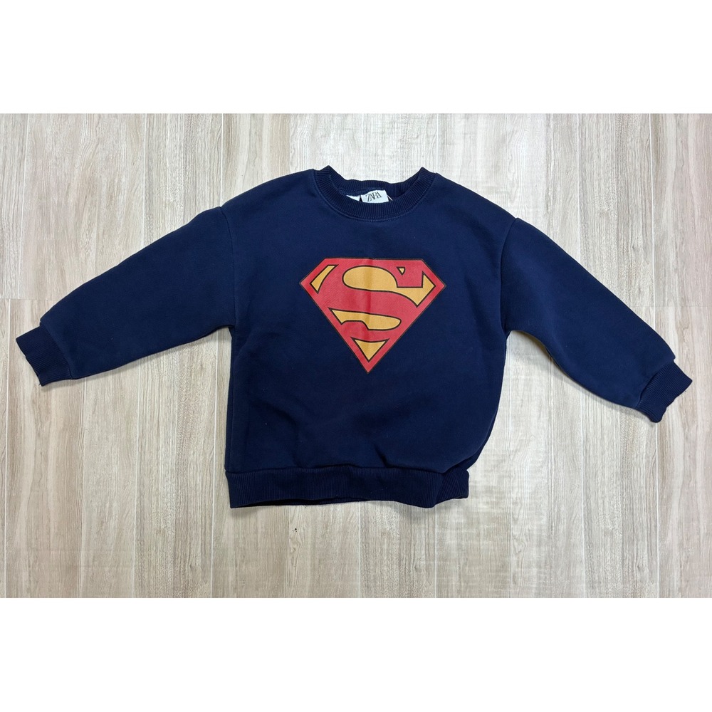 Zara Kids Superman Sweatshirt Navy Blue Shield Logo Pullover Size 3-4 Years